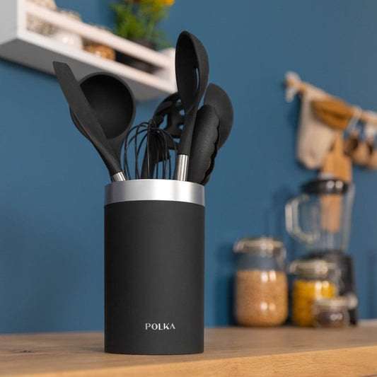 Cecotec Polka Excellence Force Pack 9 Utensili da Cucina - Manico Effetto Legno - Silicone Antiaderente - Resistente fino a 220°C - Senza BPA - Include Supporto - Facile da Pulire - Colore Nero
