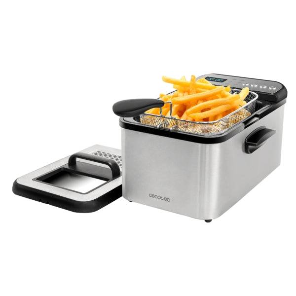 Cecotec Cleanfry Luxury 3000 Friggitrice Elettrica - Potenza 2400W - Capacità 3,2L - Display Digitale - 5 Programmi Preconfigurati - Filtro Incluso - Acciaio Inossidabile - Coperchio con Finestra