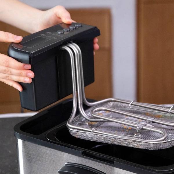 Cecotec Cleanfry Luxury 3000 Friggitrice Elettrica - Potenza 2400W - Capacità 3,2L - Display Digitale - 5 Programmi Preconfigurati - Filtro Incluso - Acciaio Inossidabile - Coperchio con Finestra