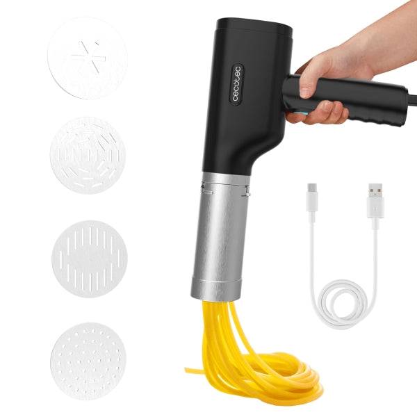 Cecotec Fun EasyPasta Macchina per Pasta e Churros - 40W - Portatile - Capacità 200g - Include 3 Dischi per Pasta - Disco Esclusivo per Churros - Senza Fili - 50 Usi per Carica - Colore Nero