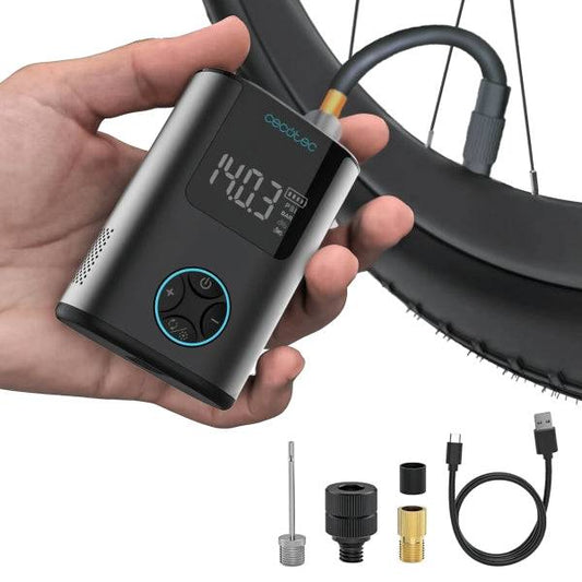 Cecotec Mini Air Max Gonfiatore di Pneumatici - Potenza fino a 150psi - Doppia Batteria 600mAh - 4 Bocchette Adattabili - Display LCD con Controllo - Ricarica USB-C Rapida - Include Accessori - Colore Nero
