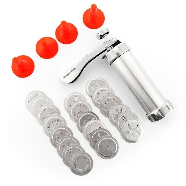 Innovagoods Prekies Maquina para Masa de Galletas 2 en 1 - Manga Pastelera - Incluye Plantillas - Facil Limpieza - Mango Ergonomico - Desmontable - Incluye Receta - 14x21.5x5.9cm - Colore Grigio