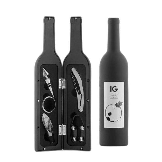 Innovagoods Set 5 Accessori per Vino - Custodia a Forma di Bottiglia - Ideale da Regalare - Compatto e Pratico - Chiusura Magnetica - Uso Decorativo - 7x33cm - Colore Nero