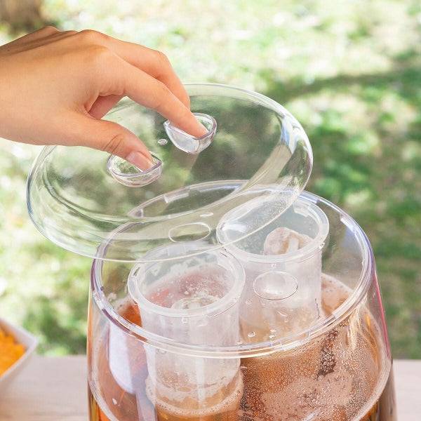 Innovagoods Freer Dispenser Refrigerante per Bevande - Capacità 4L - Rubinetto Antisgocciolamento - Scomparto per Ghiaccio - Scomparto di Stoccaggio - 22x41,7x26,5cm - Colore Grigio, Argento e Trasparente