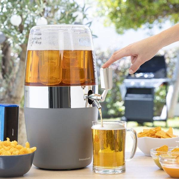 Innovagoods Freer Dispenser Refrigerante per Bevande - Capacità 4L - Rubinetto Antisgocciolamento - Scomparto per Ghiaccio - Scomparto di Stoccaggio - 22x41,7x26,5cm - Colore Grigio, Argento e Trasparente
