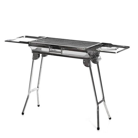 Innovagoods ExelQ Barbecue Portatile in Acciaio Inossidabile - Pieghevole - Griglia Estraibile 57X29cm - Maniglie di Trasporto - Paravento - Capacità fino a 1,5kg di Carbone - 81x73x33cm - Colore Grigio