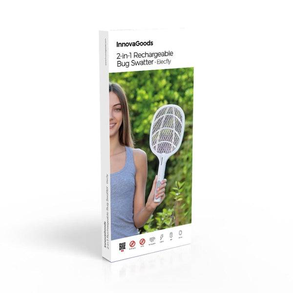 Innovagoods Elecfly Racchetta Zanzariera Ricaricabile con Luce UV 2 in 1 - Funzione Lampada - 3000 Volt - Batteria 500mAh - Protezione Scariche Accidentali - 3.3x52.5x21.6cm - Colore Bianco