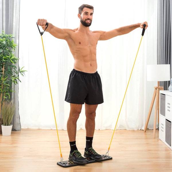 Innovagoods Pulsher Set di Allenamento con Bande di Resistenza - Guida Esercizi - Smontabile - Antiscivolo - Supporta fino a 100kg - 67x19x2cm - Colore Nero e Giallo