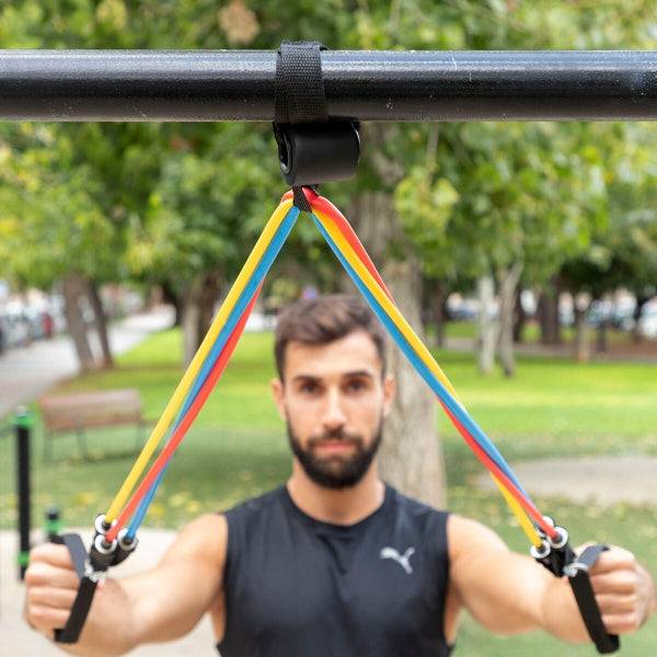 Innovagoods Rebainer Set di 5 Bande di Resistenza con Accessori - Resistenza Regolabile - Guida Esercizi - Portatile - Manici in Schiuma - Accessori Inclusi - Colori secondo Livello