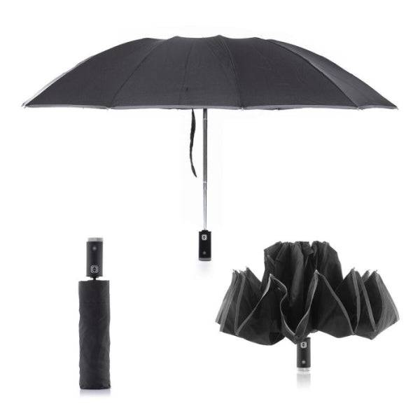 Innovagoods Folbrella Ombrello a Chiusura Inversa con Luce LED - Riflettente - Antigoccia - Compatto - Leggero - Colore Nero e Grigio