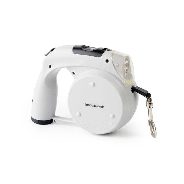 Innovagoods Leashic Guinzaglio Retrattile 6 in 1 - Luce LED - Orologio - Scomparto per Sacchetti e Cibo - Abbeveratoio - Estensione fino a 4m - Idoneo fino a 35kg - Include Sacchetti - 18x13.5x7.5cm - Colore Grigio e Nero