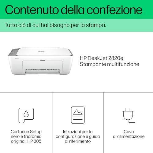 Contenuto della confezione della HP DeskJet 2820e: cartucce HP 305, cavo di alimentazione e guida di riferimento.