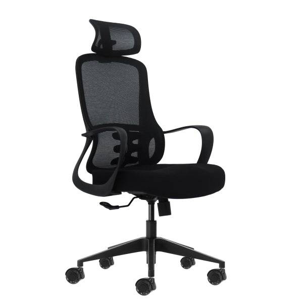 Oqonos Cherg 004 Sedia Ufficio Ergonomica con Poggiatesta Cervicale Regolabile, Schienale Rete Traspirante, Pistone Gas Classe 4, Supporto Lombare, Braccioli Fissi, Seduta Ergonomica Sagomata e Ruote Silicone - Nero
