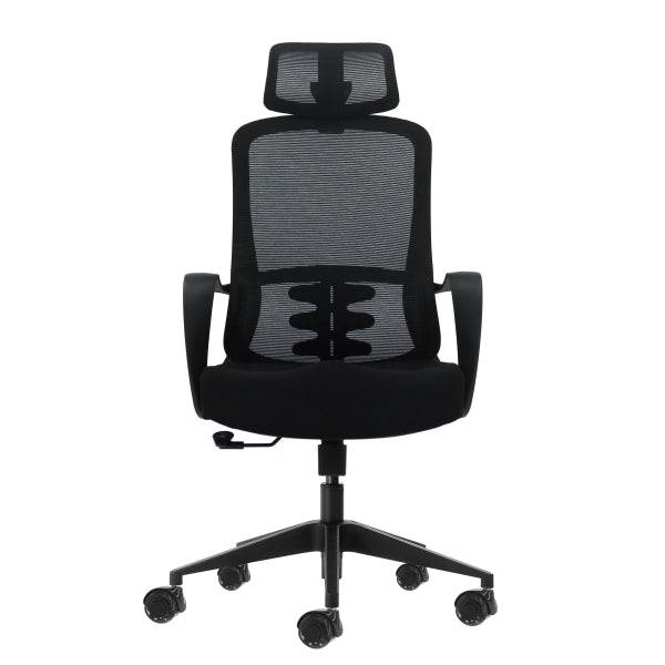 Oqonos Cherg 004 Sedia Ufficio Ergonomica con Poggiatesta Cervicale Regolabile, Schienale Rete Traspirante, Pistone Gas Classe 4, Supporto Lombare, Braccioli Fissi, Seduta Ergonomica Sagomata e Ruote Silicone - Nero