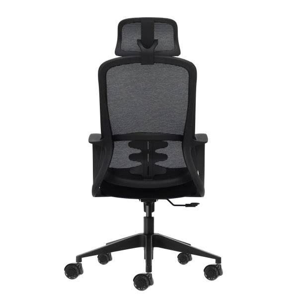 Oqonos Cherg 004 Sedia Ufficio Ergonomica con Poggiatesta Cervicale Regolabile, Schienale Rete Traspirante, Pistone Gas Classe 4, Supporto Lombare, Braccioli Fissi, Seduta Ergonomica Sagomata e Ruote Silicone - Nero
