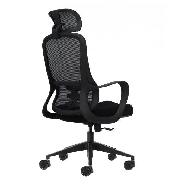 Oqonos Cherg 004 Sedia Ufficio Ergonomica con Poggiatesta Cervicale Regolabile, Schienale Rete Traspirante, Pistone Gas Classe 4, Supporto Lombare, Braccioli Fissi, Seduta Ergonomica Sagomata e Ruote Silicone - Nero