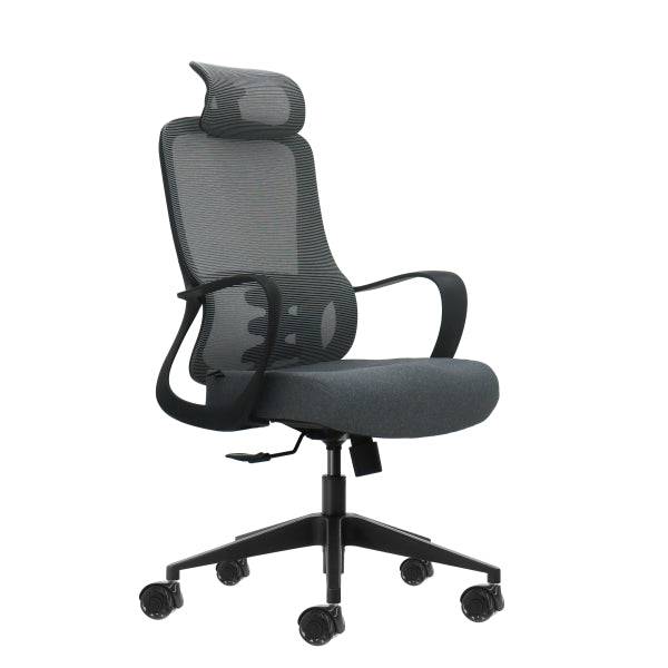 Oqonos Cherg 005 Sedia Ufficio Ergonomica con Poggiatesta Cervicale Regolabile, Schienale Rete Traspirante, Pistone Gas Classe 4, Supporto Lombare, Braccioli Fissi, Seduta Ergonomica Sagomata e Ruote Silicone - Grigio con Struttura Nera