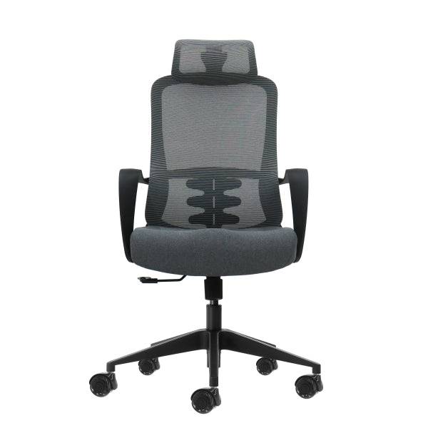 Oqonos Cherg 005 Sedia Ufficio Ergonomica con Poggiatesta Cervicale Regolabile, Schienale Rete Traspirante, Pistone Gas Classe 4, Supporto Lombare, Braccioli Fissi, Seduta Ergonomica Sagomata e Ruote Silicone - Grigio con Struttura Nera
