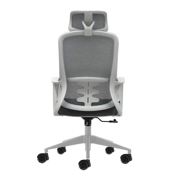 Oqonos Cherg 008 Sedia Ufficio Ergonomica con Poggiatesta Cervicale Regolabile, Schienale Rete Traspirante, Pistone Gas Classe 4, Supporto Lombare, Braccioli Fissi, Seduta Ergonomica Sagomata e Ruote Silicone - Grigio
