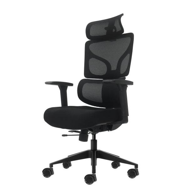 Oqonos Cherg 010 Sedia da Ufficio Ergonomica con Poggiatesta Cervicale Regolabile, Schienale e Seduta in Rete Elastica, Braccioli 4D, Seduta Scorrevole Ergonomica Sagomata e Ruote in Silicone - Nero