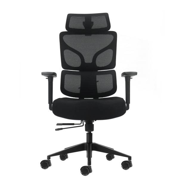 Oqonos Cherg 010 Sedia da Ufficio Ergonomica con Poggiatesta Cervicale Regolabile, Schienale e Seduta in Rete Elastica, Braccioli 4D, Seduta Scorrevole Ergonomica Sagomata e Ruote in Silicone - Nero