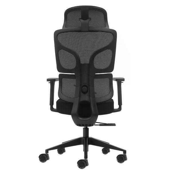 Oqonos Cherg 010 Sedia da Ufficio Ergonomica con Poggiatesta Cervicale Regolabile, Schienale e Seduta in Rete Elastica, Braccioli 4D, Seduta Scorrevole Ergonomica Sagomata e Ruote in Silicone - Nero