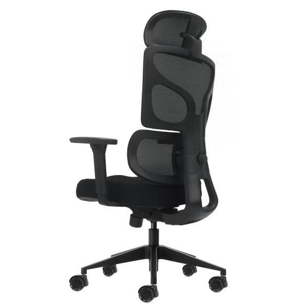 Oqonos Cherg 010 Sedia da Ufficio Ergonomica con Poggiatesta Cervicale Regolabile, Schienale e Seduta in Rete Elastica, Braccioli 4D, Seduta Scorrevole Ergonomica Sagomata e Ruote in Silicone - Nero