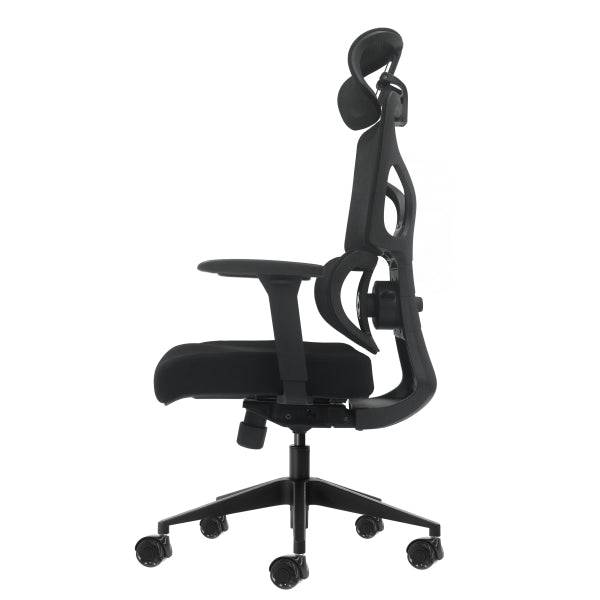 Oqonos Cherg 010 Sedia da Ufficio Ergonomica con Poggiatesta Cervicale Regolabile, Schienale e Seduta in Rete Elastica, Braccioli 4D, Seduta Scorrevole Ergonomica Sagomata e Ruote in Silicone - Nero