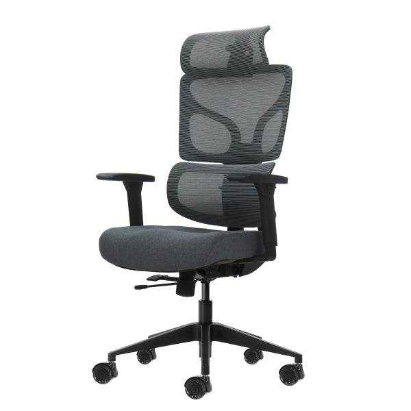 Oqonos Cherg 011 Sedia da Ufficio Ergonomica con Poggiatesta Cervicale Regolabile, Schienale e Seduta in Rete Elastica, Braccioli 4D, Seduta Scorrevole Ergonomica Sagomata e Ruote in Silicone - Grigio con Struttura Nera