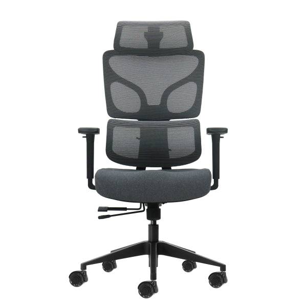 Oqonos Cherg 011 Sedia da Ufficio Ergonomica con Poggiatesta Cervicale Regolabile, Schienale e Seduta in Rete Elastica, Braccioli 4D, Seduta Scorrevole Ergonomica Sagomata e Ruote in Silicone - Grigio con Struttura Nera