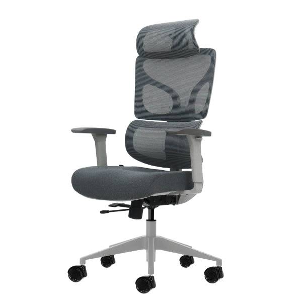 Oqonos Cherg 014 Sedia da Ufficio Ergonomica con Poggiatesta Cervicale Regolabile, Schienale e Seduta in Rete Elastica, Braccioli 4D, Seduta Scorrevole Ergonomica Sagomata e Ruote in Silicone - Grigio