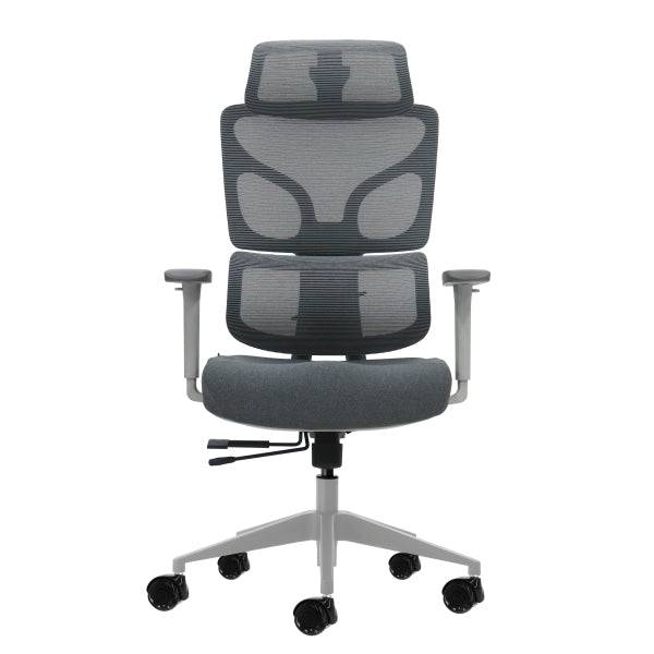 Oqonos Cherg 014 Sedia da Ufficio Ergonomica con Poggiatesta Cervicale Regolabile, Schienale e Seduta in Rete Elastica, Braccioli 4D, Seduta Scorrevole Ergonomica Sagomata e Ruote in Silicone - Grigio