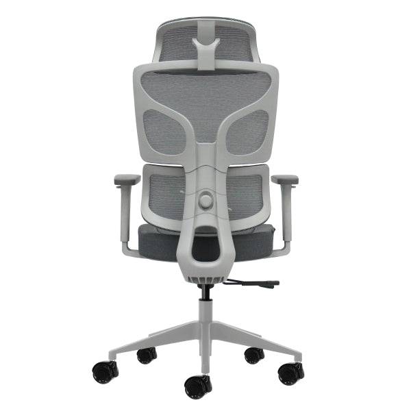 Oqonos Cherg 014 Sedia da Ufficio Ergonomica con Poggiatesta Cervicale Regolabile, Schienale e Seduta in Rete Elastica, Braccioli 4D, Seduta Scorrevole Ergonomica Sagomata e Ruote in Silicone - Grigio