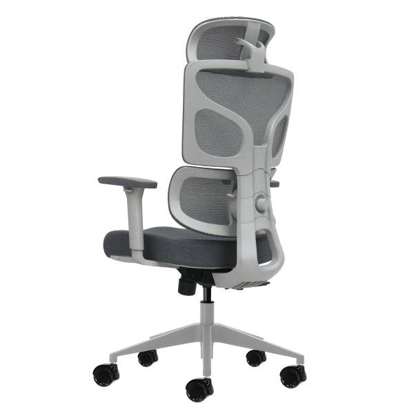 Oqonos Cherg 014 Sedia da Ufficio Ergonomica con Poggiatesta Cervicale Regolabile, Schienale e Seduta in Rete Elastica, Braccioli 4D, Seduta Scorrevole Ergonomica Sagomata e Ruote in Silicone - Grigio