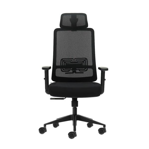 Oqonos Cherg 016 Sedia Ufficio Ergonomica con Poggiatesta Cervicale Regolabile, Tessuto Impermeabile, Meccanismo Autoequilibrante, Supporto Lombare Regolabile, Braccioli Regolabili in Altezza e Ruote Silicone - Nero