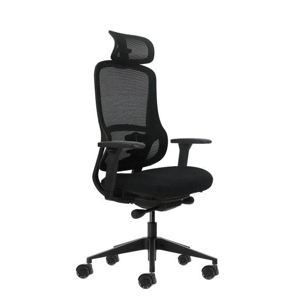 Oqonos Cherg 018 Sedia da Ufficio Ergonomica con Poggiatesta Cervicale Regolabile, Meccanismo Autoequilibrante, Braccioli 4D, Seduta Scorrevole e Ruote in Silicone - Nero