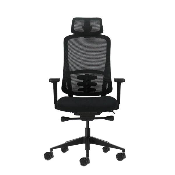 Oqonos Cherg 018 Sedia da Ufficio Ergonomica con Poggiatesta Cervicale Regolabile, Meccanismo Autoequilibrante, Braccioli 4D, Seduta Scorrevole e Ruote in Silicone - Nero