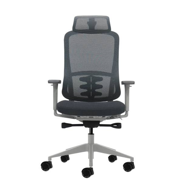 Oqonos Cherg 022 Sedia da Ufficio Ergonomica con Poggiatesta Cervicale Regolabile, Meccanismo Autoequilibrante, Braccioli 4D, Seduta Scorrevole e Ruote in Silicone - Grigio