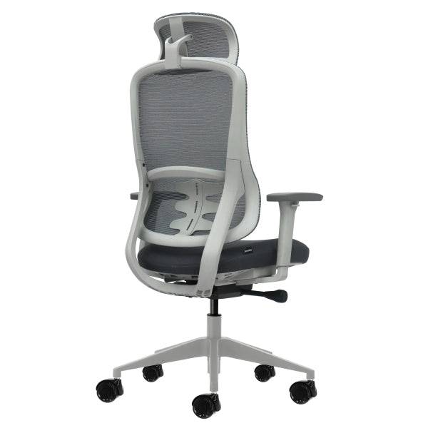 Oqonos Cherg 022 Sedia da Ufficio Ergonomica con Poggiatesta Cervicale Regolabile, Meccanismo Autoequilibrante, Braccioli 4D, Seduta Scorrevole e Ruote in Silicone - Grigio