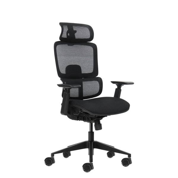 Oqonos Cherg 027 Sedia da Ufficio Ergonomica con Poggiatesta Cervicale Regolabile, Schienale e Seduta in Rete Elastica, Schienale Regolabile in Altezza, Supporto Lombare Regolabile, Braccioli 4D e Ruote in Silicone - Nero
