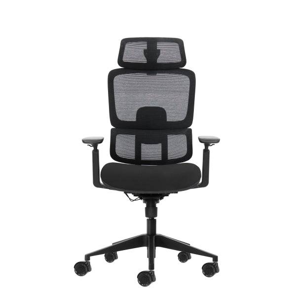 Oqonos Cherg 027 Sedia da Ufficio Ergonomica con Poggiatesta Cervicale Regolabile, Schienale e Seduta in Rete Elastica, Schienale Regolabile in Altezza, Supporto Lombare Regolabile, Braccioli 4D e Ruote in Silicone - Nero