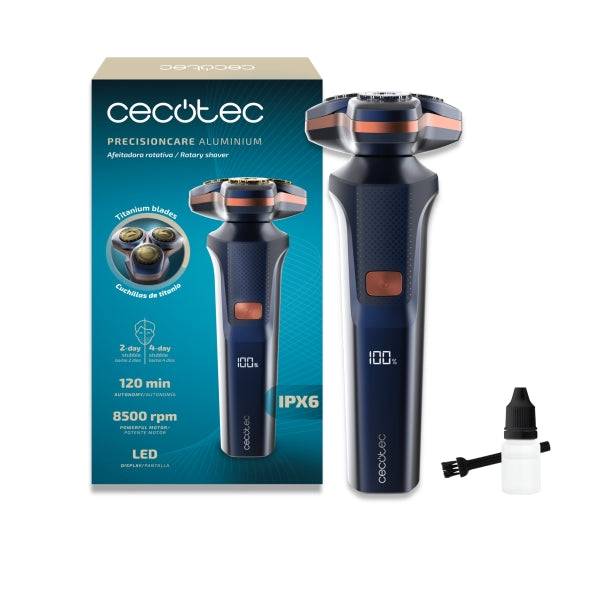 Cecotec PrecisionCare Aluminum Rasoio Rotativo - Autonomia fino a 2h - Testina Magnetica - Velocità 8500rpm - Display LED - Rivestimento Titanio - Colore Blu Marino