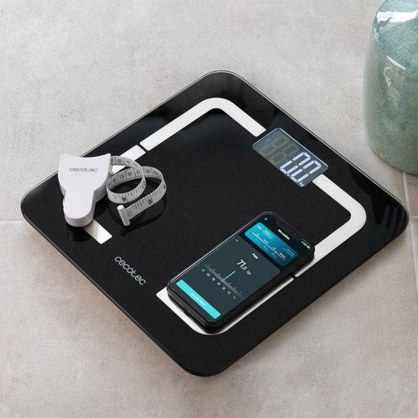 Cecotec Surface Precision 9500 Smart Healthy Bilancia Pesapersone - Bluetooth - Display LCD - Acciaio Inossidabile - Vetro Temperato - Supporta fino a 180kg - 310x310mm - Colore Nero