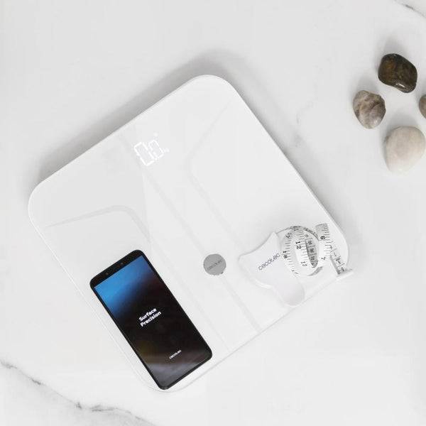 Cecotec Surface Precision 970 Smart Healthy Bilancia Pesapersone - Bluetooth - Display LED - Vetro Temperato - Misurazione Bioimpedenza - Supporta fino a 180kg - 278x278mm - Colore Bianco