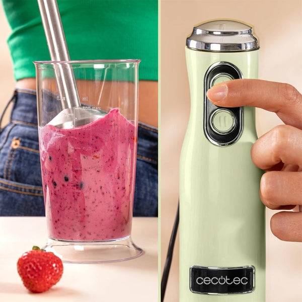 Cecotec Power RetroGreen 1200MAX Frullatore a Mano - Potenza 1200W - Bicchiere 0.5L - Velocità Regolabile - Lavabile in Lavastoviglie - Lame Rivestite in Titanio - Colore Menta