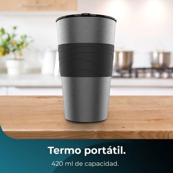 Cecotec Coffee 66 Drop and Go Caffettiera a Goccia - Potenza 700W - Capacità 420ml - Sistema Antigoccia - Acciaio Inossidabile - Thermos Portatile - Colore Nero e Grigio