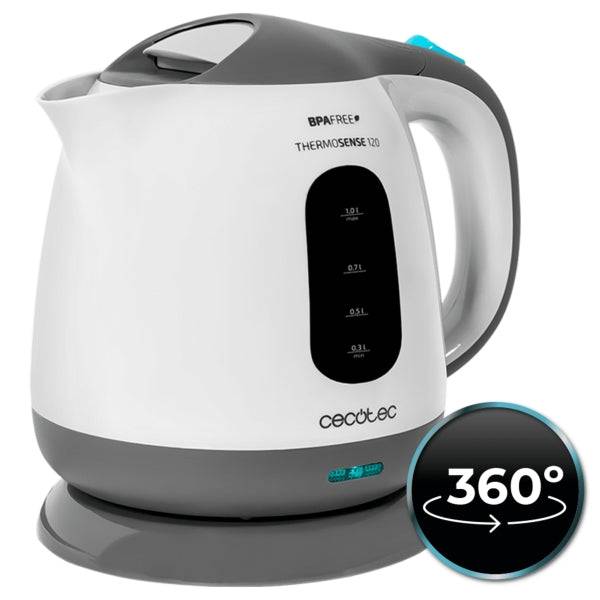 Cecotec ThermoSense 120 Bollitore 1L - Potenza 1100W - Privo di BPA - Base 360º Indipendente - Filtro Anticalcare - Spegnimento Automatico - Colore Bianco