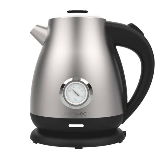 Cecotec Thermosense 620 Retro Steel Bollitore Acqua 1.7L - 2200W - Termometro Analogico - Base 360° Indipendente - Temperatura Regolabile - Filtro Anticalcare - Spegnimento Automatico - Colore Nero e Argento