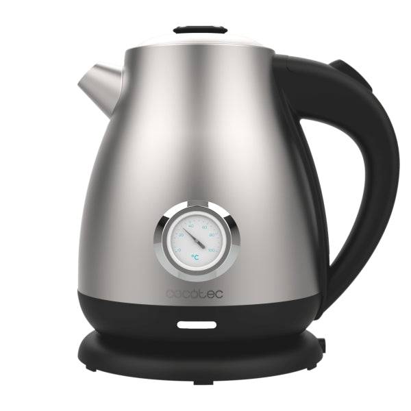 Cecotec Thermosense 620 Retro Steel Bollitore Acqua 1.7L - 2200W - Termometro Analogico - Base 360° Indipendente - Temperatura Regolabile - Filtro Anticalcare - Spegnimento Automatico - Colore Nero e Argento