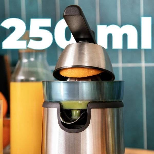 Cecotec EssentialVita Hyden 120 Steel Spremiagrumi Elettrico a Braccio - Potenza 120W - Capacità 250ml - Beccuccio Antigoccia - Acciaio Inossidabile - Coni Rimovibili - Colore Bianco